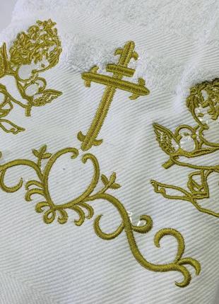Крижма дитяча для хрестин, махровий рушник білого кольору із золотою вишивкою і тисненням ангели для немовляти1 фото