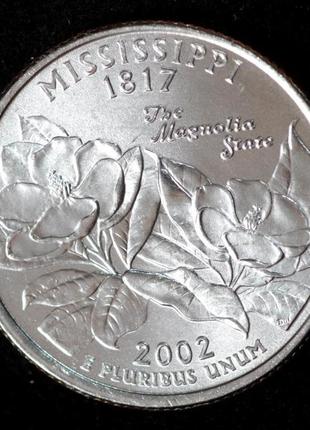 Монета сша 25 центів 2002 р. міссісіпі