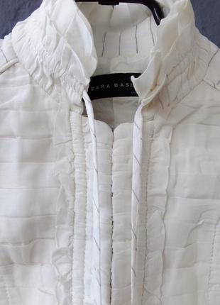 Шикарный жакет пиджак блуза лен/вискоза, баска, разм.s (на 44), идеальный, цвет молочный, серая полоска, ворот-стойка, воротник и лиф рюшики. торг2 фото