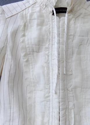 Шикарный жакет пиджак блуза лен/вискоза, баска, разм.s (на 44), идеальный, цвет молочный, серая полоска, ворот-стойка, воротник и лиф рюшики. торг4 фото