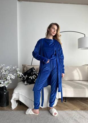 Домашній костюм жіночий (штани+шорти+халат+футболка) велюр 42-54 електрик (синій)5 фото