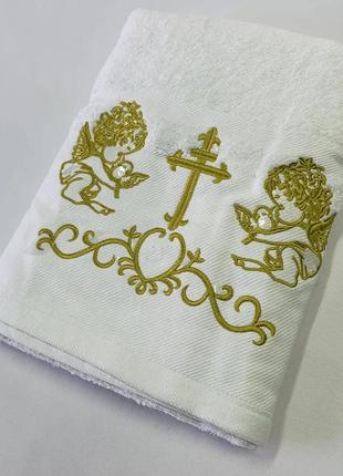 Белоснежная крыжма для крестин 140 х 70. махровая ткань с золотой вышивкой, банное детское полотенце5 фото