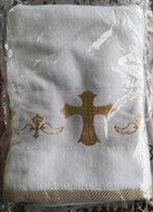 Золота вишивка та тиснення "янголята", хрестильна біла крижма для хрещення, великий банний рушник 140см7 фото