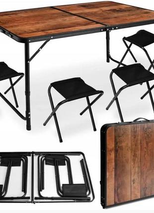 Акція! розкладний посилений столик комплект 4 стільці для пікніку й відпочинку на природі туристичний стіл коричневий під дерево