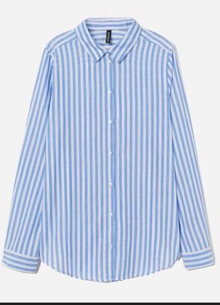 Блакитна оверсайз пряма лляна рубашка, сорочка в смужку h&m