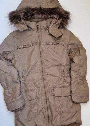 Красивая куртка пальто теплая yigga р. 158 германия хаки капюшон с мехом2 фото