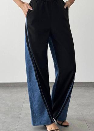 Стильные комбинированные брюки палаццо с лампасами