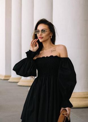 Лляна льняна пишна сукня чорна  міні коротка з обʼємним рукавом на резинці в грудях літня з відкритими плечима