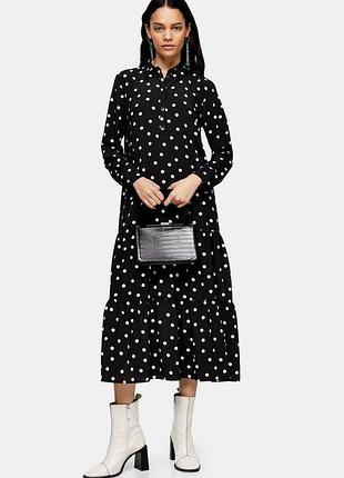 Плаття оверсайз міді довге чорне в білий горошок довгі рукави topshop