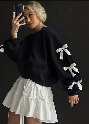 Свитшот женский черный, однотонный оверсайз с бантиками качественный стильный трендовый туреченица