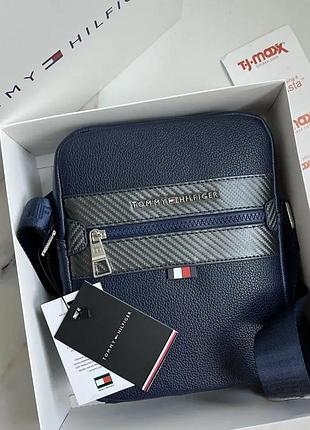 Мужская сумка через плечо синяя tommy hilfiger качественная барсетка в подарочной упаковке мужская сумка слинг