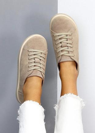Трендовые замшевые женские бежевые кеды осенние кроссовки натуральная замша весна осень