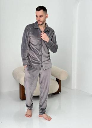 Мужская пижама "пуговица" стильный домашний костюм в пижамном стиле из велюровой ткани на коттоновой основе