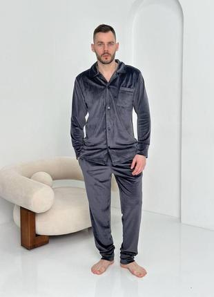 Мужская пижама "пуговица" стильный домашний костюм в пижамном стиле из велюровой ткани на коттоновой основе