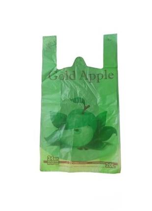 Пакет майка с ручками и принтом golden apple зеленый 30 * 50 см, 50 шт