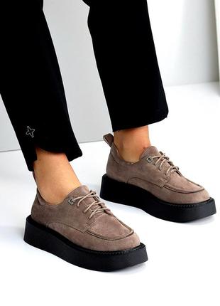 Бег мокко замш туфли оксфорды броги на шнурках груша утолщенная подошва 35.5-40