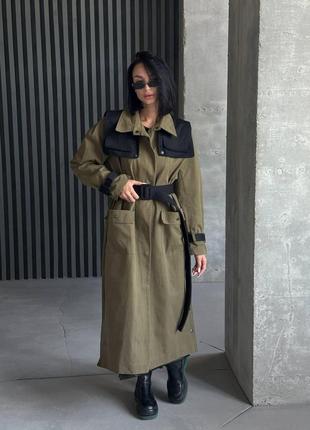 Молодежный стильный комбинированный тренч с поясом one size коттон