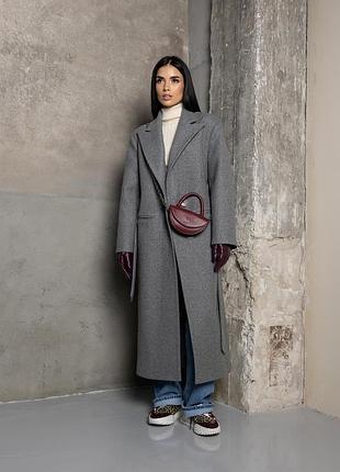Молодежное серое хитовое длинное пальто оверсайз с поясом, шлицей, р 40-54