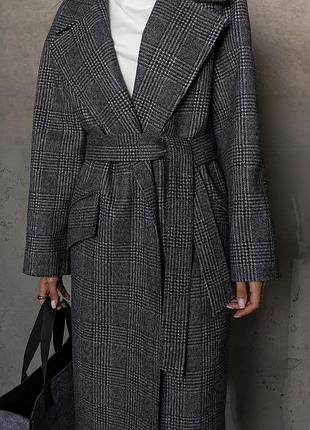 Жіноче демісезонне актуальне зручне вовняне довге пальто з поясом, актуальне та зручне