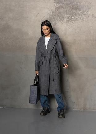 Жіноче демісезонне актуальне зручне вовняне довге пальто з поясом, актуальне та зручне