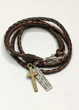 Модный кожаный браслет с крестиком черно-коричневый