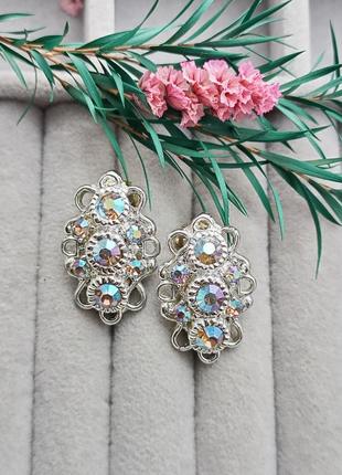 Вінтажні кліпси, нарядні, кристали  aurora borealis, сріблясті, вінтаж