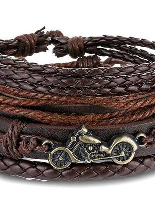 Комплект плетеных браслетов с мотоциклом
