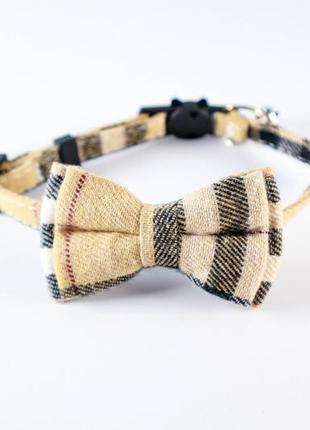 Твидовый ошейник с бантиком для собак и кошек бежевый