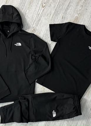 Демісезонний спортивний костюм tnf чорний худі + штани (двонитка) + футболка чорна tnf