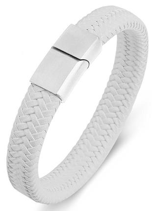 Белый кожаный браслет на руку 14-16 см с стальной матовой застежкой
