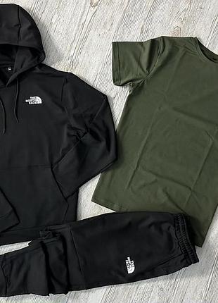 Демісезонний спортивний костюм tnf чорний худі + штани (двонитка) + футболка хакі tnf