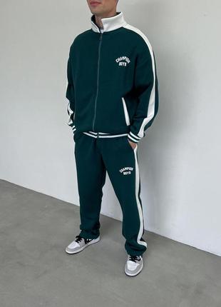 Крутезний теплий оверсайз костюм “champion boys” на флісі у зеленому кольорі 🔥
