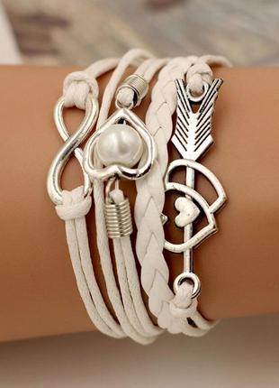 Стильный женский браслет с бесконечностью и сердцем белый