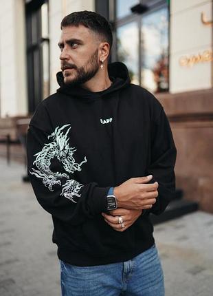 Чоловіче чорне стильне оверсайз худі з трендовим принтом 3