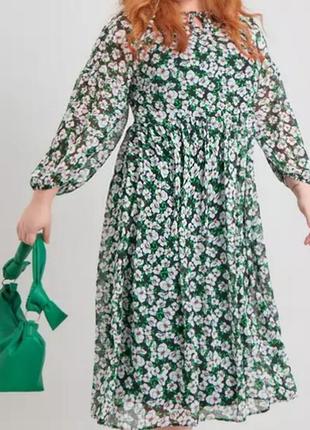 Платье женское черное зеленое белое цветочный принт миди2 фото