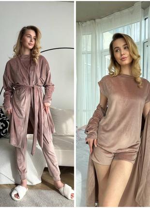 Домашній костюм жіночий (штани+шорти+халат+футболка) велюр 42-54 капучино (бежевий)