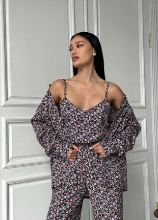 Костюм тройка из штапеля в принт топ рубашка и штаны брюки