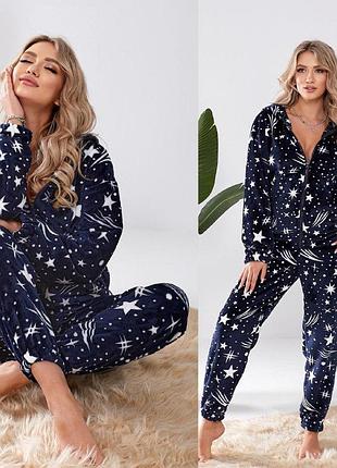 Жіноча піжама махрова двостороння махра штани та кофта на змійці 42-46 48-52 з капюшоном домашня тепла м'яка зима