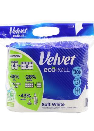 Туалетний папір velvet soft white eco roll 4 = 8 рул 3 шари 300 відривів
