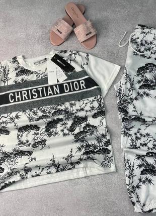Костюм спортивний в стилі dior футболка штани  білий в квіти котон