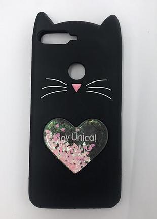 Чохол силіконовий 3d case з переливаються блиском для huawei y7 2018 / y7 prime 2018 кіт чорний