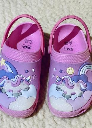 Кроксы сабо шлёпанцы с объёмной аппликацией единорогов 🦄 с блестками f&f (англия)