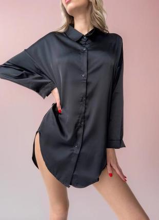 Женская нежная шелковая ночная сорочка с длинным рукавом черная
