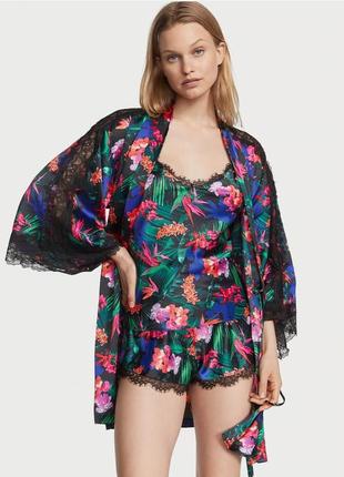 Атласный комплект для сна с халатом satin and lace cami set size  l