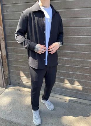 Костюм рубашка штани льон+ футболка овер біла