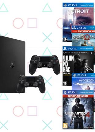 Ігрова приставка playstation 4 slim 1tb (бу) + додатковий геймпад + 5 ігор