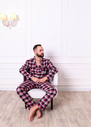 Тепла зимова фланелева чоловіча піжама двійка штани та сорочка одяг для дому та сну, колір синьо-червоний