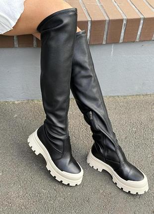 Стильные черные ботфорты кожаные женские на бежевой подошве,демисезон, осень-зима, еврозима, натуральная кожа
