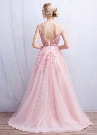 Платье длинное в пол свадебное вечернее розовое расшитое жемчугом с шлейфом2 фото