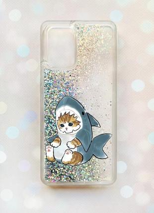 Чехол с плавающими блестками на oppo a74 серебряный котёнок (принт 120)